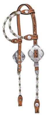 Double Round Ear Silver/Rawhide Ferrule Show Headstall