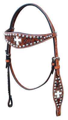 Bar H Inlay Cross Headstall w/ Sunspots, Chestnut